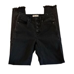 Madewell 10” High Rise Skinny Jeans Black Button Fly Size 24 Raw Cut Ankle Hem